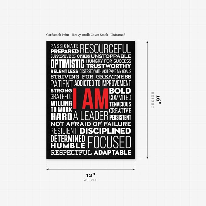 HoneyKICK I AM Positive Affirmations Wall Art Poster, Black, 12x16 | Thirty identity-building statements in a high-contrast cardstock print for bedrooms, dorms, offices, and home gyms.