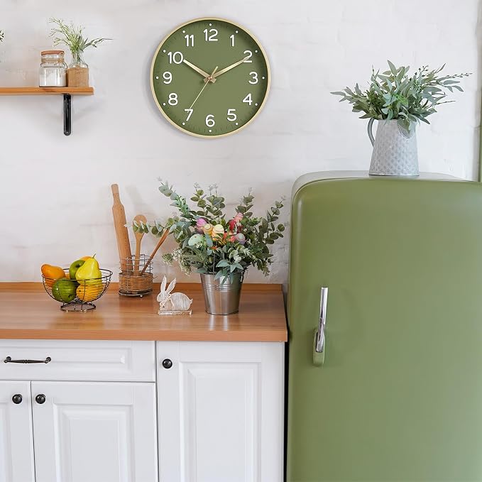 Roymnie 8 Inch Wall Clock, Battery Operated Silent Non Ticking Green Analog | Green & gold modern analog; large 3D easy-read dial for kitchen, office, bathroom & bedroom; 1 AA battery (not included)