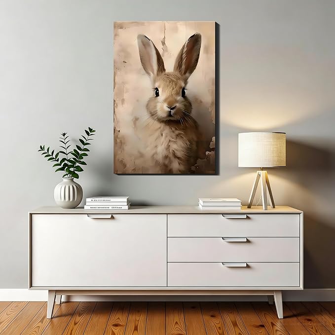 RIBNTAK Brown European Rabbit Portrait Canvas Art 20x30, Vintage Gallery Wrapped Canvas Wall Art, Easter Bunny Prints for Bedroom, Kitchen Rabbit Decor & Home Wall Decoration