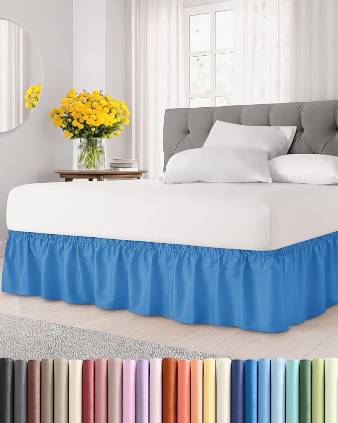 Wrap Around Dust Ruffle Bed Skirt, Full Size - 15 Inch Drop, Royal Blue | Easy Fit Elastic Strap, Adjustable Pleated Bedskirt w/Brushed Fabric, Wrinkle & Fade Free, for Women, Men, Kids & Teens