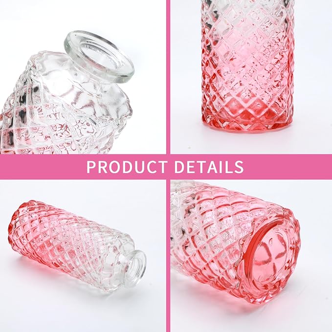 Pink Glass Bud Vase Set in Bulk, 9pcs Mini Vintage Flower Vases | Small Vases for Centerpieces,Pink Small Flower Vase ,Home Table,Flower Decor, Party Decorations,Wedding