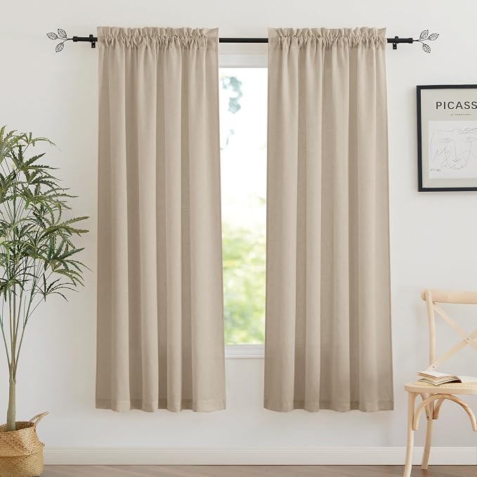 RYB HOME Linen Sheer Curtains 2 Panels for Living Room, Semi Transparent Privacy Drapes with Rod Pocket Farmhouse Style Window Treatments for Bedroom, Taupe, 52" W x 72" L