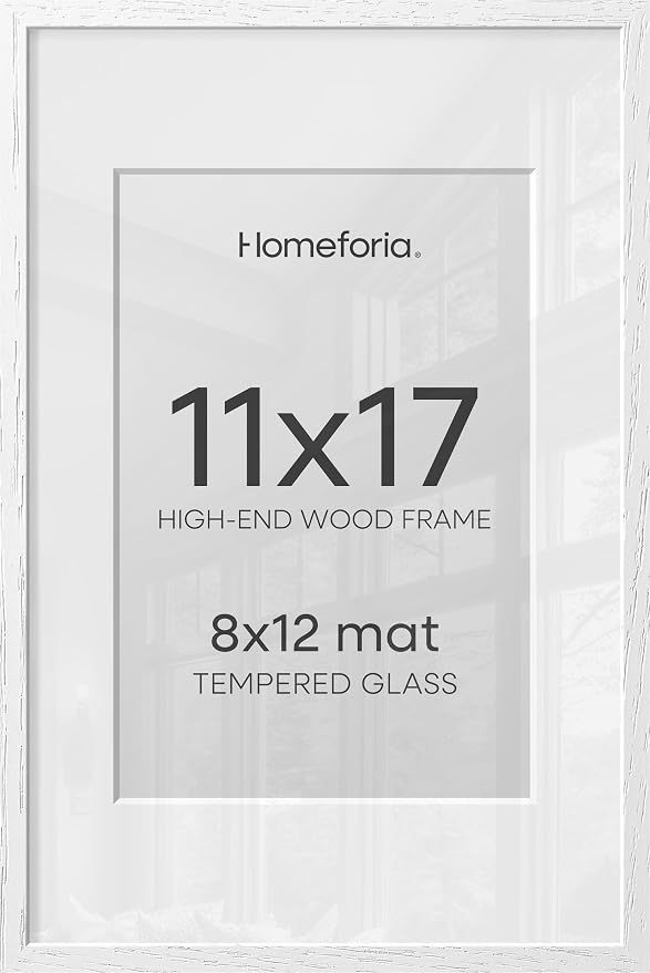 Homeforia 11x17 White Oak Picture Frame, High-End Wood, 8x12 Mat, Glass