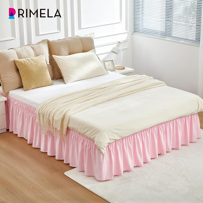 RIMELA Pink Bed Skirt Queen Size 18 Inch Drop, Elastic Bed Skirting for Bed Base and Frame, Bedding Dust Ruffle Easy to Install, Lightweight Wrap Around Adjustable Bedskirt | Solid Ruffled, Easy to Use, No Mattress Lifting, Wrinkle & Fade Resistant, wi...
