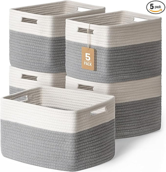 5 Pack Woven Storage Baskets, Decorative Storage Bins for Organizing | 13.8'' × 9.8'' × 7.9'', Cotton Rope Basket Organizer for Closet, Shelves, bathroom, Nursery, Toys, Books, Pantry, Gray/White