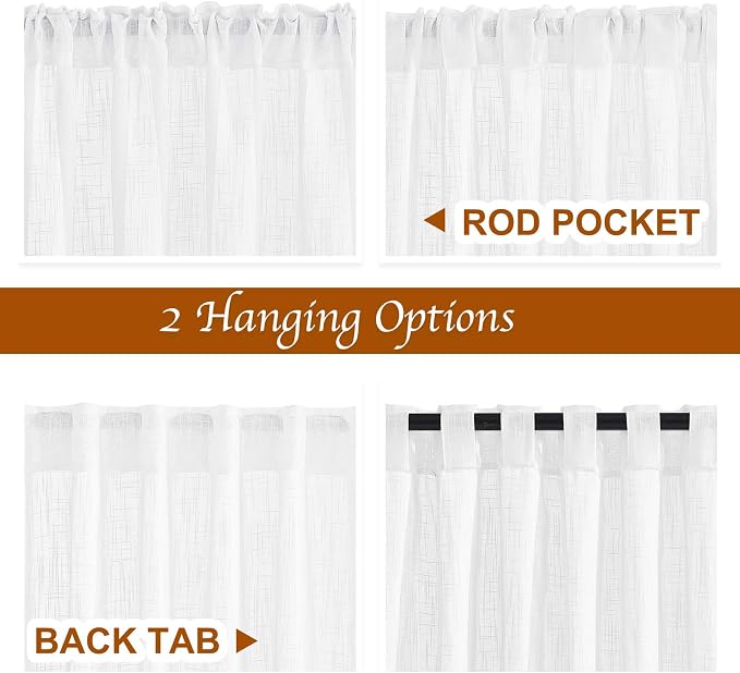 NICETOWN White Sheer 102 inch Curtains for Sliding Glass Door, Rod Pocket & Back Tab Linen Blend Semi Sheer Window Treatments Privacy with Light Filtering for Bedroom, W66 x L102, 2 Panels