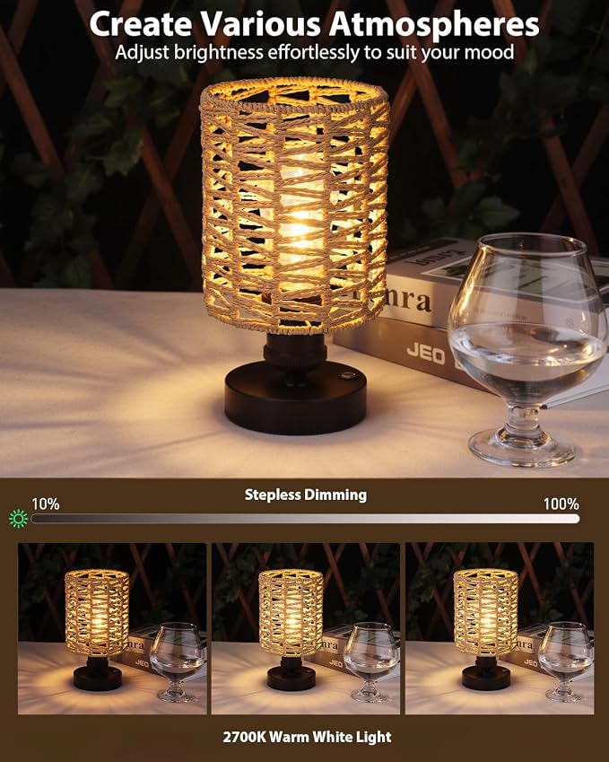 Cordless Outdoor Table Lamps, Small Rattan Boho, Rechargeable Battery Operated for Outdoor Patio, Home, Living Room, Bedroom, Bedside - Set of 2 (Beige-B)
