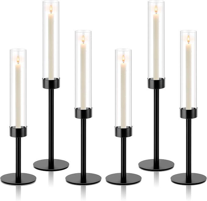 Black Hurricane Candle Holders, Set of 6 Glass Taper Candlestick Holders Metal Candle Stands Bulk with Glass Cover for Dining Tables Wedding Candelabra Centerpieces Decor