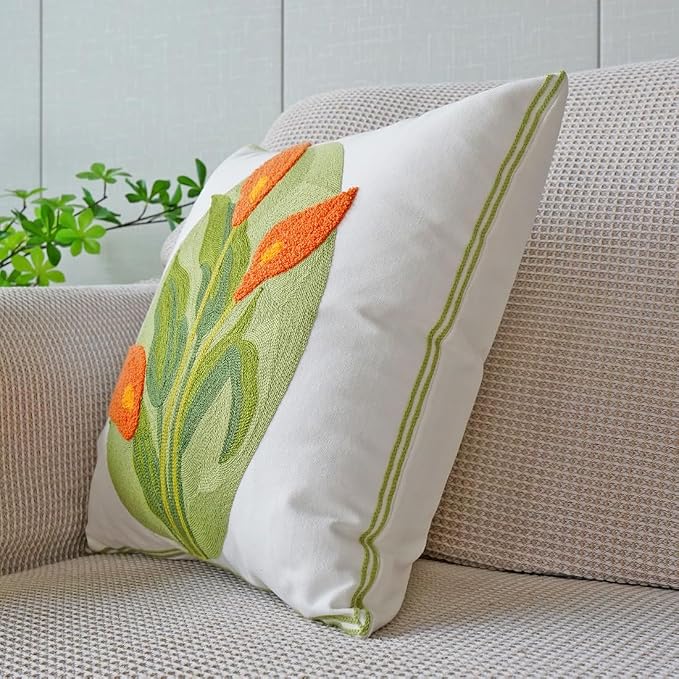 vctops Farmhouse Calla Lily Cotton Tufted Throw Pillow Cover Spring Floral Embroidery Pillowcase Soft Square Cushion Case for Sofa Couch Bed Chair (Orange C,18"x18")