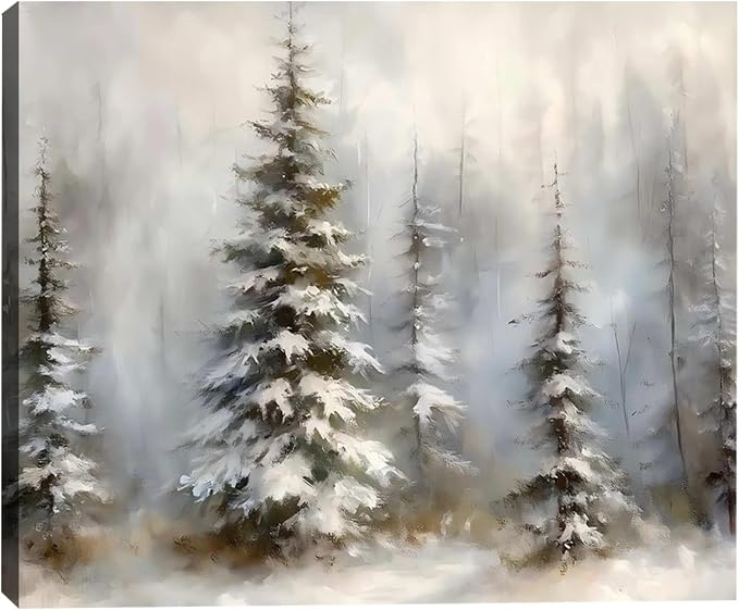 Framed Canvas Wall Art 24x36in, Vintage Snowy Christmas Tree Decor, Pine Tree Pictures for Living Room Decor, Winter Forest Paintings for Bedroom Bathroom, Holiday Decorations Gifts