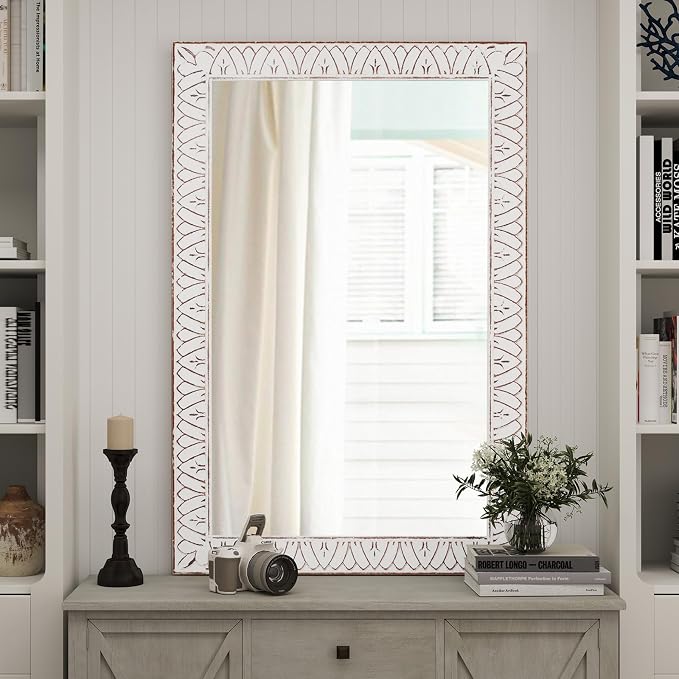 36x24 Inch Farmhouse Rectangle Wall Mirrors with Wooden Frame | Rustic Decorative Rectangular Mirror for Living Room, Bedroom, Bathroom, Entryway - Vertical/Horizontal Hanging