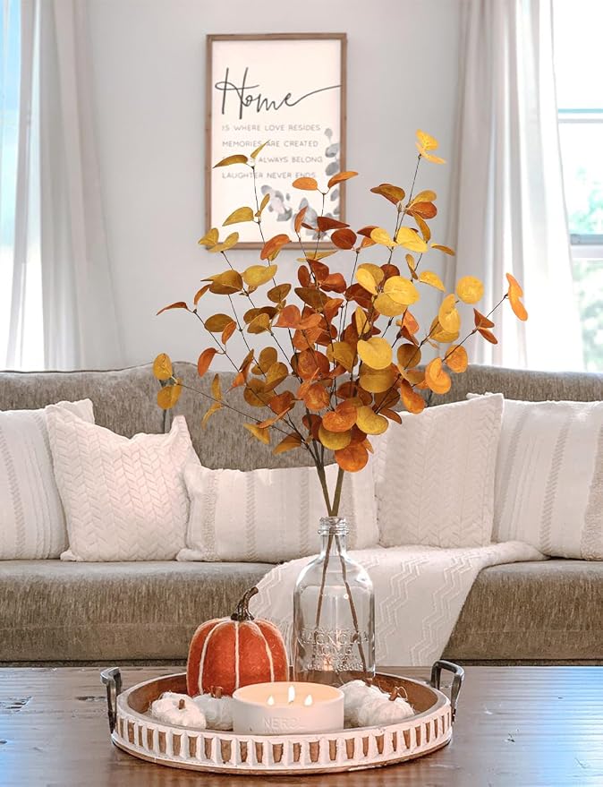 Bessol Fall Decorations Artificial Eucalyptus Stems 5Pcs Fall Eucalyptus Plants Autumn Decorations for Home Table Centerpieces Fake Fall Stems for Farmhouse Kitchen Floral Arrangements Decor
