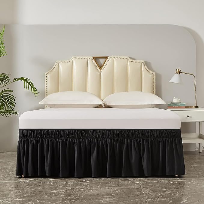 MEILA Wrap Around Elastic Bed Skirt for Queen & King Beds, 12" Drop, Black | Three-Side Adjustable Elastic Dust Ruffle, Ruffled Polyester Fabric, Easy to Install, Fade Resistant & Machine Washable