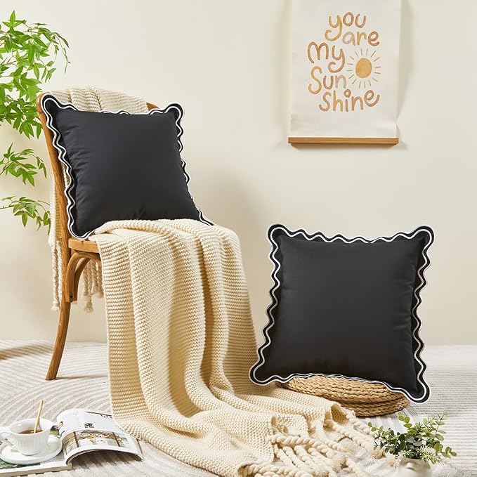 Black and White Scalloped Outdoor Throw Pillow Covers 18x18 Set of 2