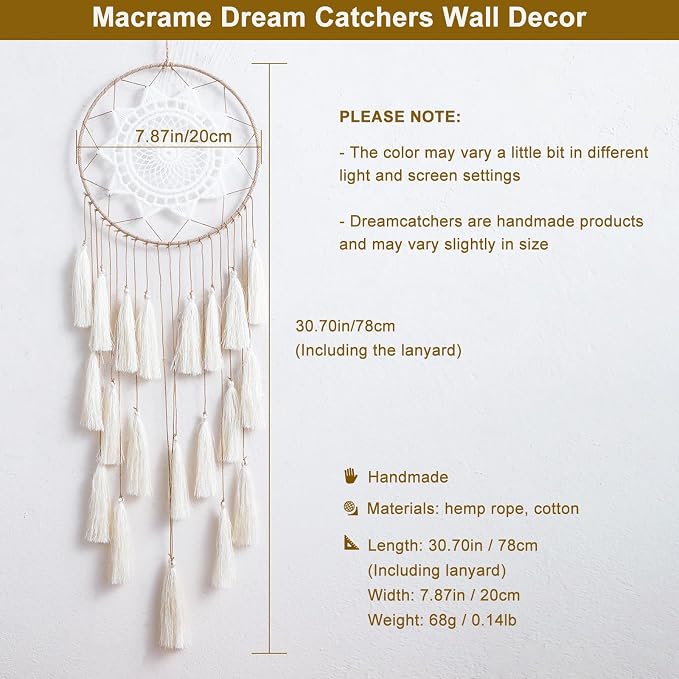 Artilady Macrame Dream Catcher Wall Hanging, Beige Large Boho Bedroom Decor