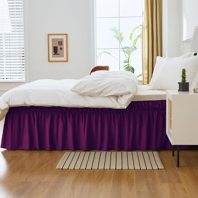 MEILA Wrap Around Elastic Bed Skirt for Queen & King Beds, 14" Drop,Purple | Three-Side Adjustable Elastic Dust Ruffle, Ruffled Polyester Fabric, Easy to Install, Fade Resistant & Machine Washable