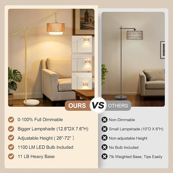 【Upgraded】Boho Dimmable Floor Lamp with Adjustable Swing Arm, 1100 Lumens Bulb Included, Modern Standing Lamp with Rattan & Fabric Shades, Tall Arc Floor Lamp for Living Room Bedroom, Gold, Heavy Base