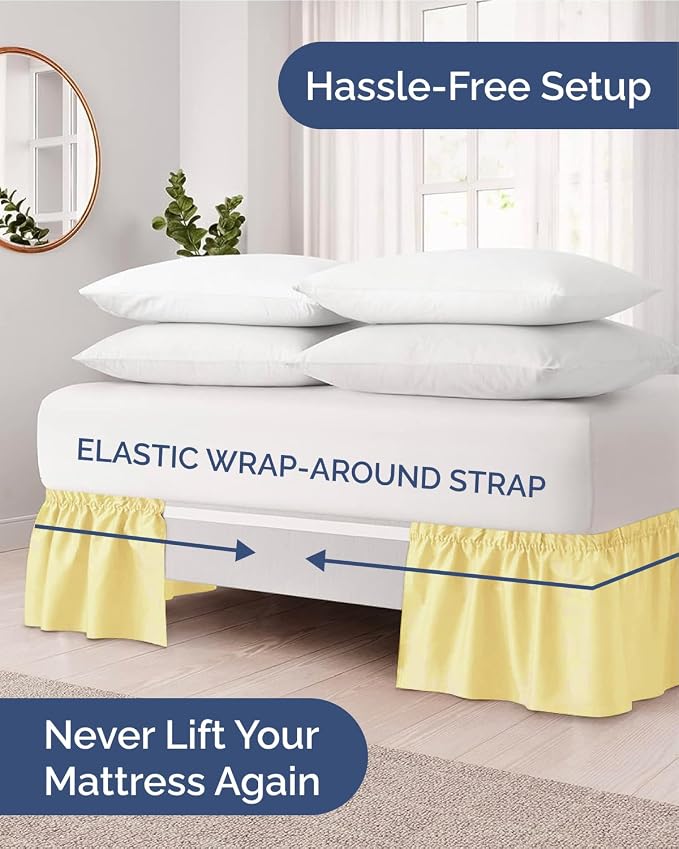 Wrap Around Dust Ruffle Bed Skirt - Yellow - for King Size Beds w/ 9 Inch Drop - Easy Fit Elastic Strap - Adjustable Pleated Bedskirt w/Brushed Fabric - Wrinkle & Fade Free - Women, Men, Kids & Teens