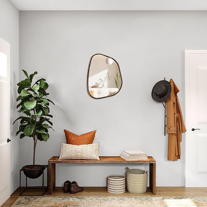 Asymmetrical Mirror Irregular Oval Wall Mirror Modern Wood Frame Unique Shape Wall Mounted Vanity Artistic Mirror Decorative for Living Room Bedroom Bathroom Entryway Hallway 14"x10"