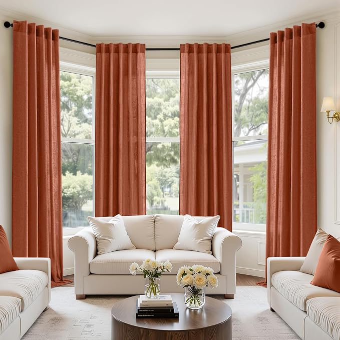 MIULEE Burnt Orange Fall Back Tab Linen Curtains 4 Panels 42W x 102L | Linen material, light filtering, rod pocket back tab hanging, farmhouse decor for living room bedroom