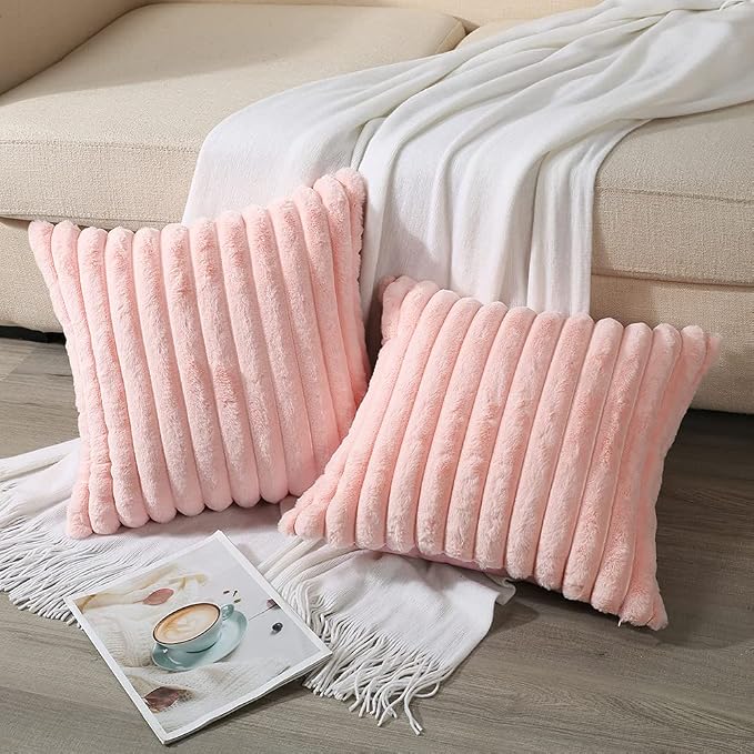 Soleebee Set of 2 Throw Pillow Covers Soft Cozy Velvet Pillowcase Faux Rabbit Fur Cover for Couch Sofa Bed Chair Home Decorative Pillows Cover (16x16 Inch, Pink)