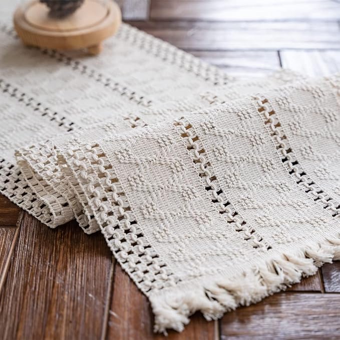 Macrame Table Runner Cream Beige Boho Table Runners with Tassels 12x36in | Alynsehom Hand Woven Cotton Table Runner Rustic Farmhouse Table Runners for Bohemian Kitchen Dining Table