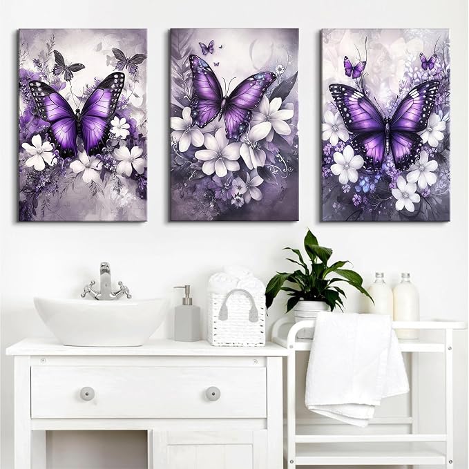 Purple Wall Decor Vintage Floral Wall Art Nature Butterfly Pictures Rustic Blossom Botanical Canvas Prints Farmhouse Wildflower Painting Artwork for Bedroom Living Room Home Decoration 16x24” 3Pcs