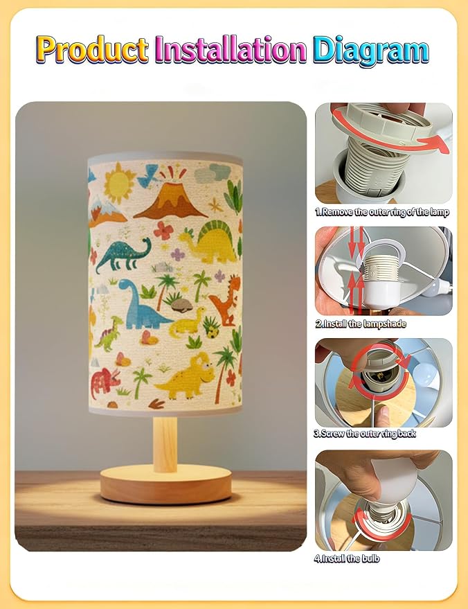 Dinosaur Lamp for Boys Room, 3 Colors Nightstand Light, Round Wood Base Flaxen Fabric Desk Lamp for Kids Room, Dino Lamp Gift for Boy (LED Bulb Included)