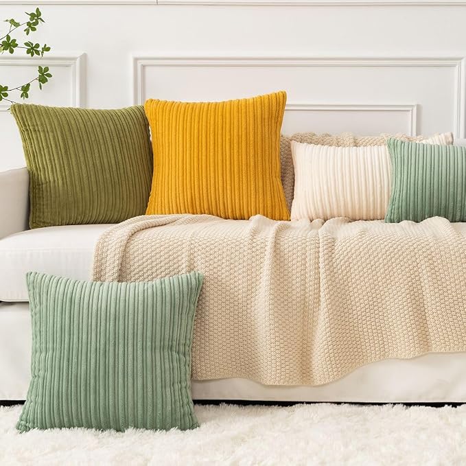 Kevin Textile Striped Corduroy 22”x22” Pillow Covers 2 Pack, Cream White