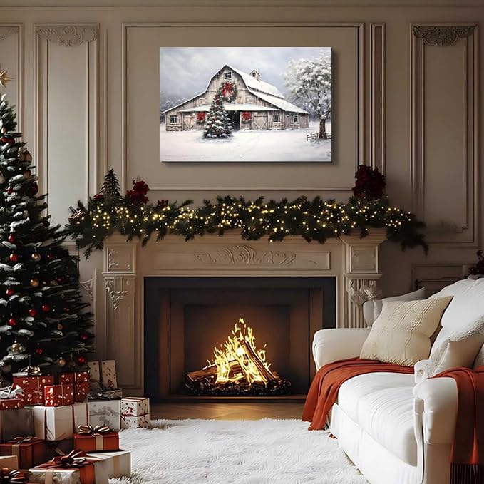 Framed Christmas Wall Art 12x18inch, Farmhouse Barn Pictures Wall Decor Winter snow Scene Canvas Painting Print Home Artwork Decorations for Bathroom Living Room Bedroom