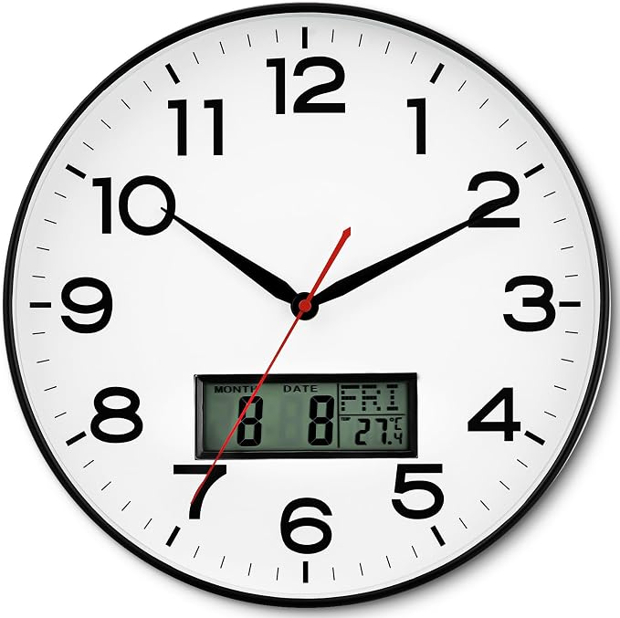 AKCISOT 12 Inch Wall Clock, Silent Battery Operated Analog Clock, Black | LCD | Office | Kitchen | Living Room | Classroom | Easy-to-read Numbers