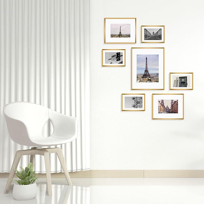 Golden State Art 7 Pack Bronze Aluminum Frame with White Mat, Real Glass | Includes One 11x14, Two 8x10, Four 5x7 Frames with Sawtooth Hangers for Wall Mounting. Great for gallery wall