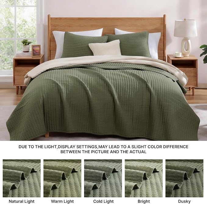 King Size Quilt-Lightweight Bedspreads Olive Green King Quilt Bedding Set | Soft Coverlet with 2 Pillow Shams for All Seasons, Suitable for Bed, Couch, 3 Pieces, 106"x94"
