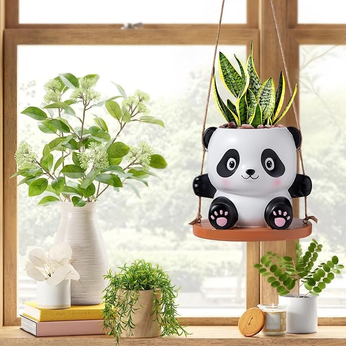 Swing Panda Hanging Planters for Indoor Plants, Cute Succulent Pots with Drainage Hole, Small Hanging Flower Pots Outdoor, Panda Gifts for Plant Lovers (Girl-Pink)