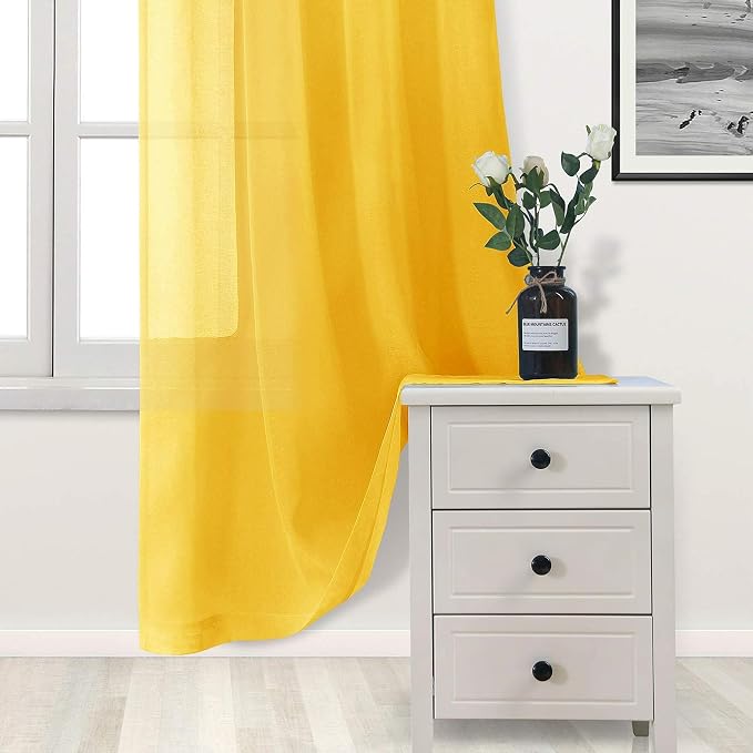 DWCN Yellow Faux Linen Sheer Curtains - Grommet Voile Window Curtain Drapes for Bedroom Living Room 52 x 108 inch Length, Set of 2