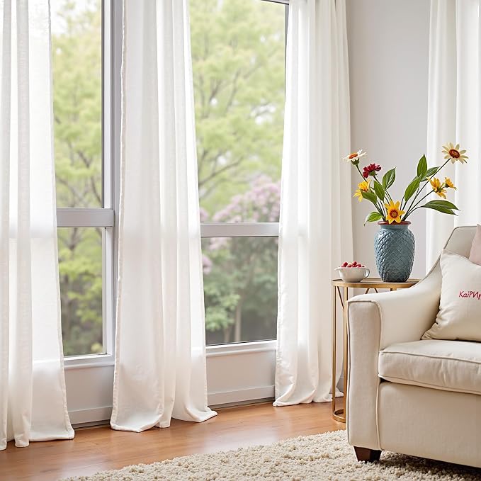 jinchan Linen Curtains Light Filtering Back Tab 60x108 Inch 2 Panels White | Semi Sheer Curtains 108 inch length for Bedroom Living Room, Modern Farmhouse Drapes with Rod Pocket, Natural Boho Curtains