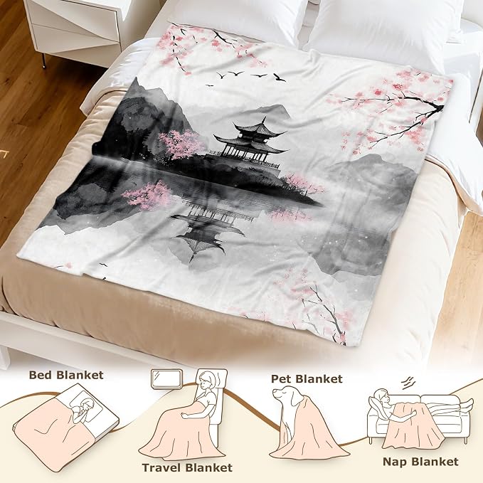 Aimego Cherry Blossom Blanket Gifts for Girls Women Watercolor Lake Retro Throw Blanket Decor for Sofa Living Room Japanese Cherry Blankets(50X60 Inch)