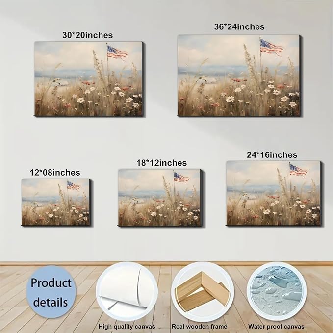 Framed American Flag Wildflower Field Wall Art, Patriotic Rustic Canvas Art Pictures, USA Flag Coastal Meadow Wall Decor, Made in USA Ready to Hang for Living Room Bedroom