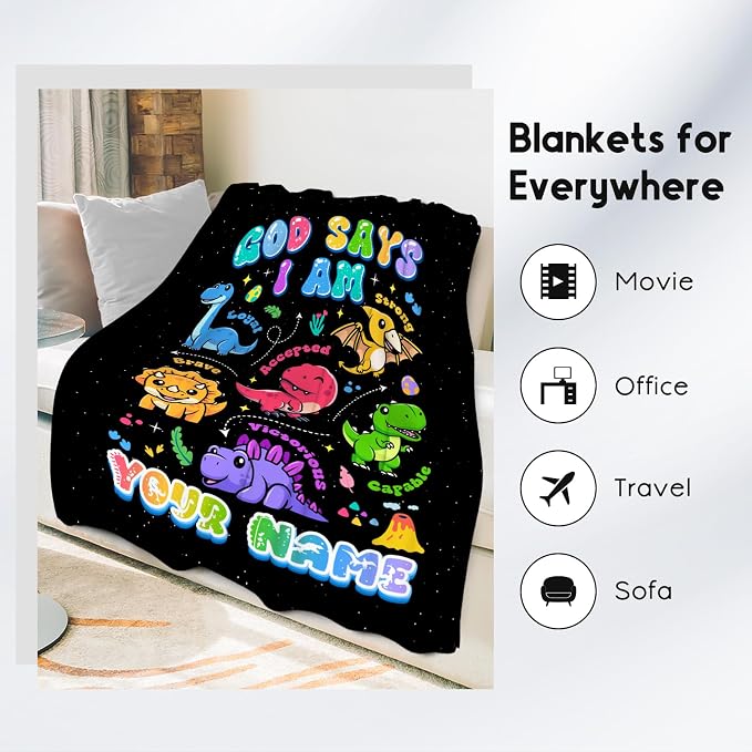 Personalized Dinosaur Blanket with Name, Dinosaur Gifts for Boys Toddler Child, God Says I Am Blanket for Kids, Inspirational Gifts for Son, Soft Kids Throw Blankets for Sofa Bed, 50"x60"
