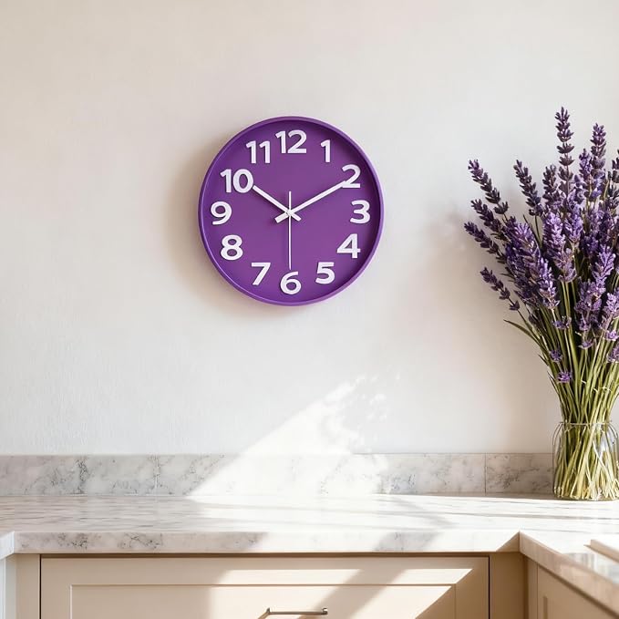 JENLYSTIME 8 Inch Vibrant Purple Modern Wall Clock – Silent Non-Ticking, Bold 3D Numbers, Precise Quartz Movement | Decorative Desk & Wall Clock with Stand for Home, Kitchen, Bedroom, or Office