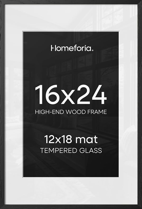 Homeforia 16x24 Black Oak Picture Frame, High-End Wood, 12x18 Mat, Glass