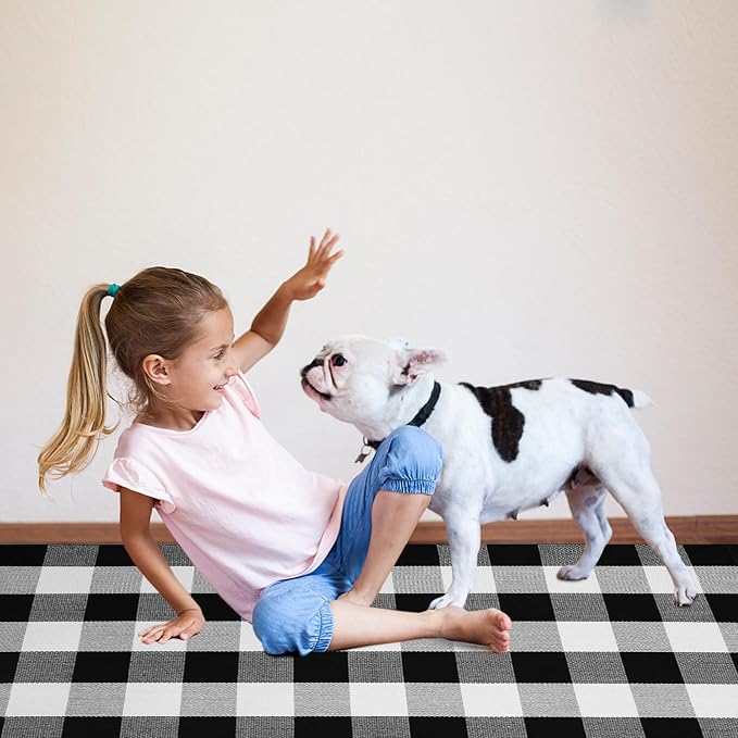Buffalo Plaid Area Rug, Checkered Rug 3x5 Ft, Black and White Rug, Washable Cotton Mat for Front Porch, Entryway, Kitchen, Living Room, Home Decor