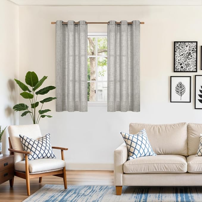 YoungsTex Linen Semi Sheer Curtains 54 Inches Length for Living Room | Dark Grey Drapes Light Filtering Privacy with Bronze Grommet for Bedroom Window, 2 Panels, 42 X 54 Inch