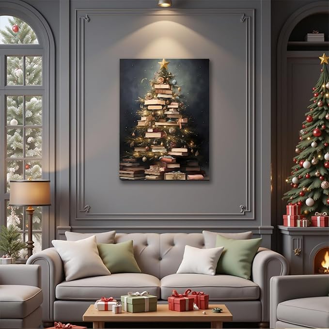Creative Christmas Book Tree Pictures 8x12, Modern Framed Canvas Wall Art for Living Room Wall Decor, Winter Cottagecore Paintings for Bedroom Bathroom, Xmas Holiday Decorations Gifts