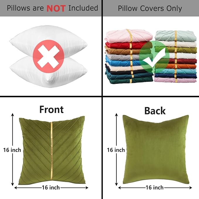 Velvet Throw Pillow Covers 16x16 Pack of 2 Gold Decor Olive Green