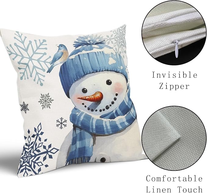 Kawani Winter Snowman Snowflake Pillow Covers 18x18 Inch Blue Christmas Throw Pillow Covers Set of 2 Xmas Winter Holiday Pillowcases Cotton Linen Cushion Covers for Couch Home Decor