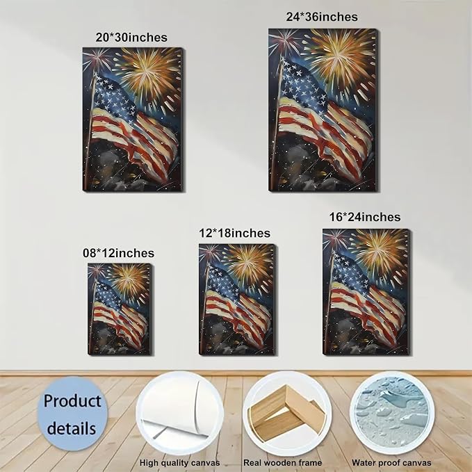 Framed 4th of July Fireworks American Flag Wall Art, Patriotic Impasto Canvas Art Pictures, USA Flag Wall Decor for Living Room Man Cave Bar, Ready to Hang Made in USA