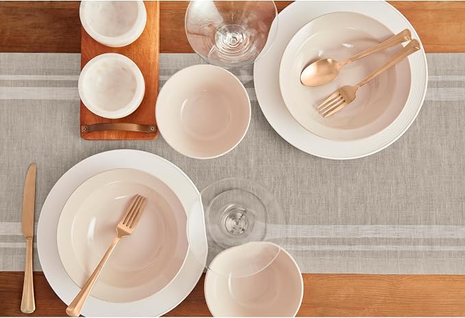 Solino Home 100% Pure Linen Table Runner, 14 x 36 in, White, French Stripe | a graceful centrepiece for dining and gatherings, woven stripe, European flax fibres, machine washable, OEKO-TEX Certified