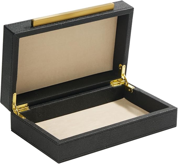 Sagala Black Decorative Shagreen Box With Gold Handle, Keepsake Box Jewelry Organizer Box, Faux Leather Storage Box For Modern Home Decor (Black-Gold, 1pack)