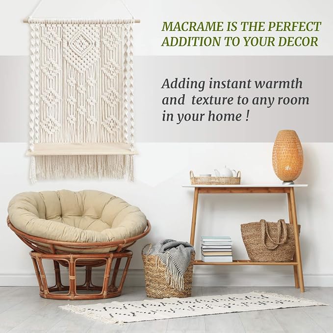 Macrame Wall Hanging Plant Decor Shelf Indoor Outdoor Floating Wood shelve Decorative Hand Made Rope Boho Shelving for Plants